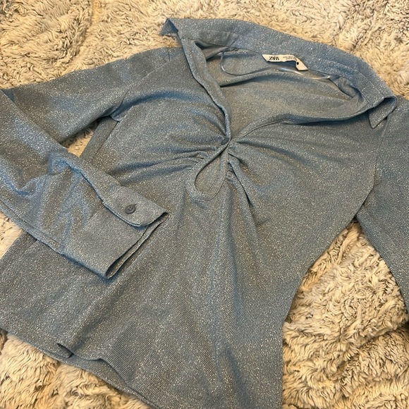 Zara Blue Silver Sparkled Collared‎ LS Blouse